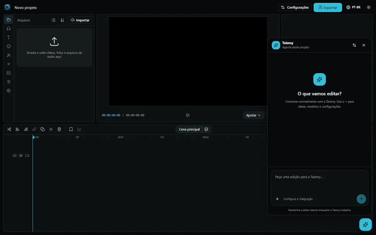 Editor de vídeo com linha do tempo, prévia e painel da Taiemy aberto
