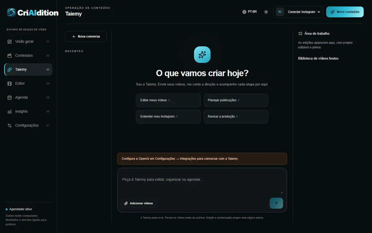 Tela de conversa com a Taiemy, com atalhos para editar vídeos, planejar publicações e revisar a produção